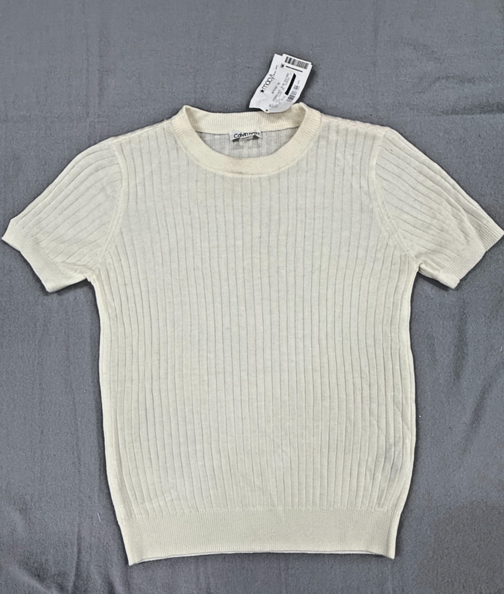 Calvin Klein Sweater Womens Small Ivory Rib-Knit Short Sleeve Modest Casual NWT